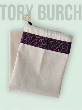 Tory Burch Natural Canvas Dust Bag with Purple & Green Trim And Logo Charm
